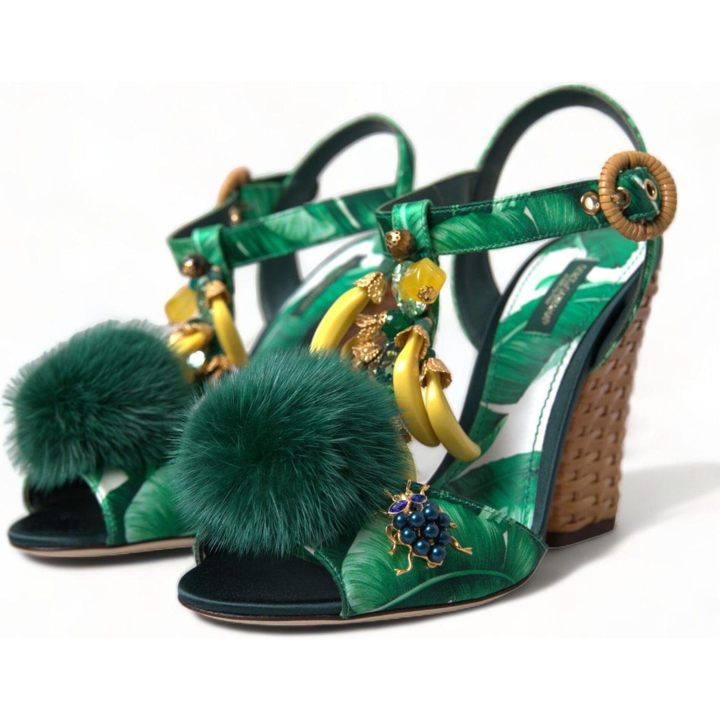 Green Crystal Mink Fur T-Strap Sandals