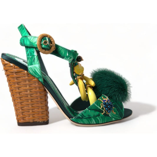 Green Crystal Mink Fur T-Strap Sandals