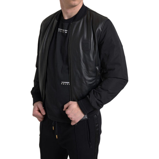 Sleek Black Leather Bomber Jacket