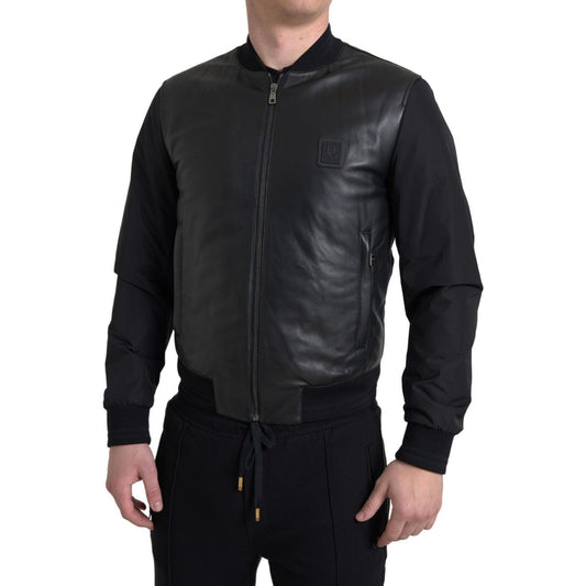 Sleek Black Leather Bomber Jacket