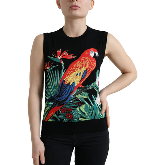 Elegant Crew Neck Wool Silk Tank with Bird Embroidery