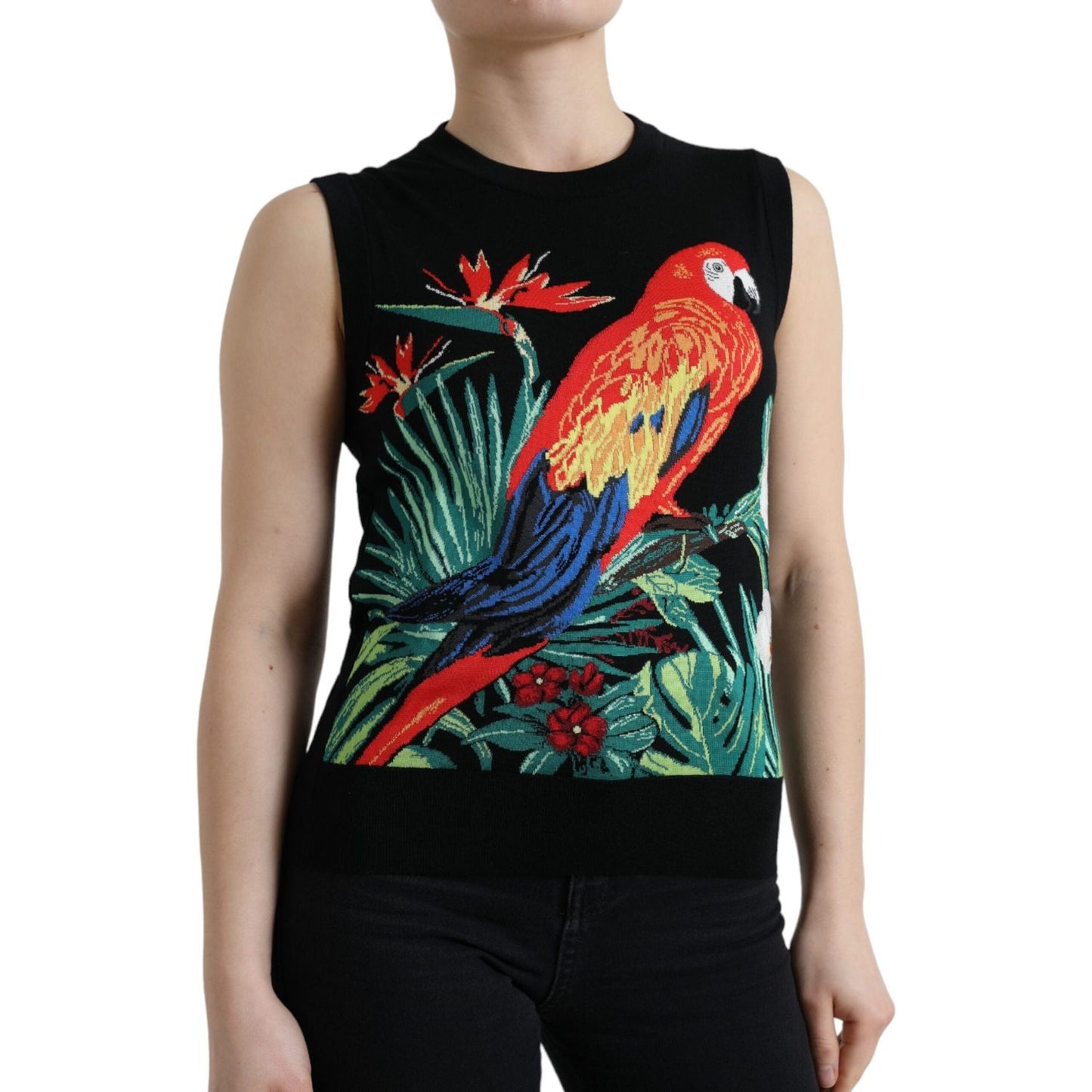 Elegant Crew Neck Wool Silk Tank with Bird Embroidery