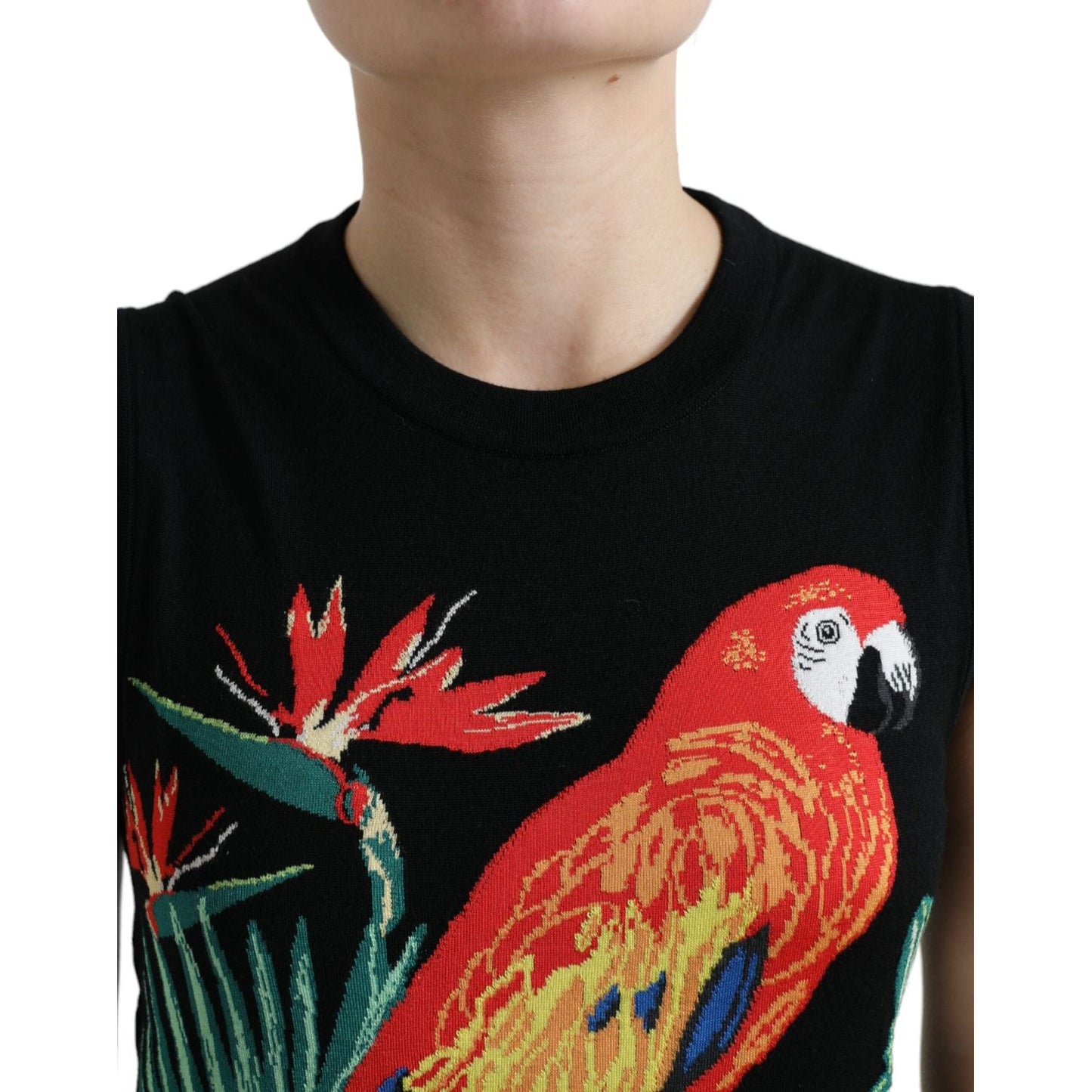 Elegant Crew Neck Wool Silk Tank with Bird Embroidery