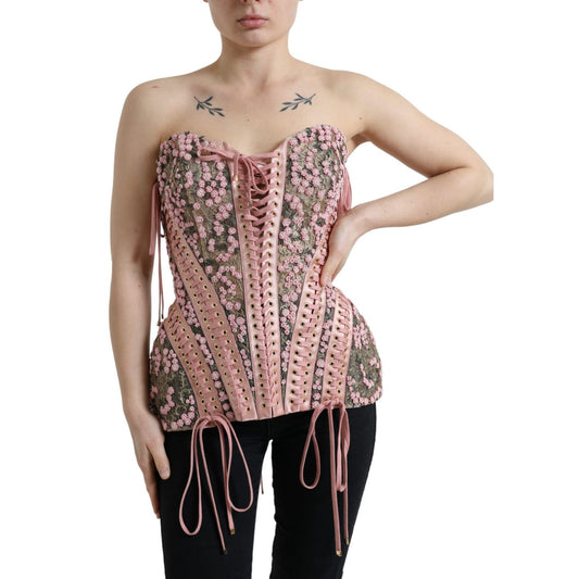 Dolce & Gabbana Pink Floral Applique Bustier Corset Top