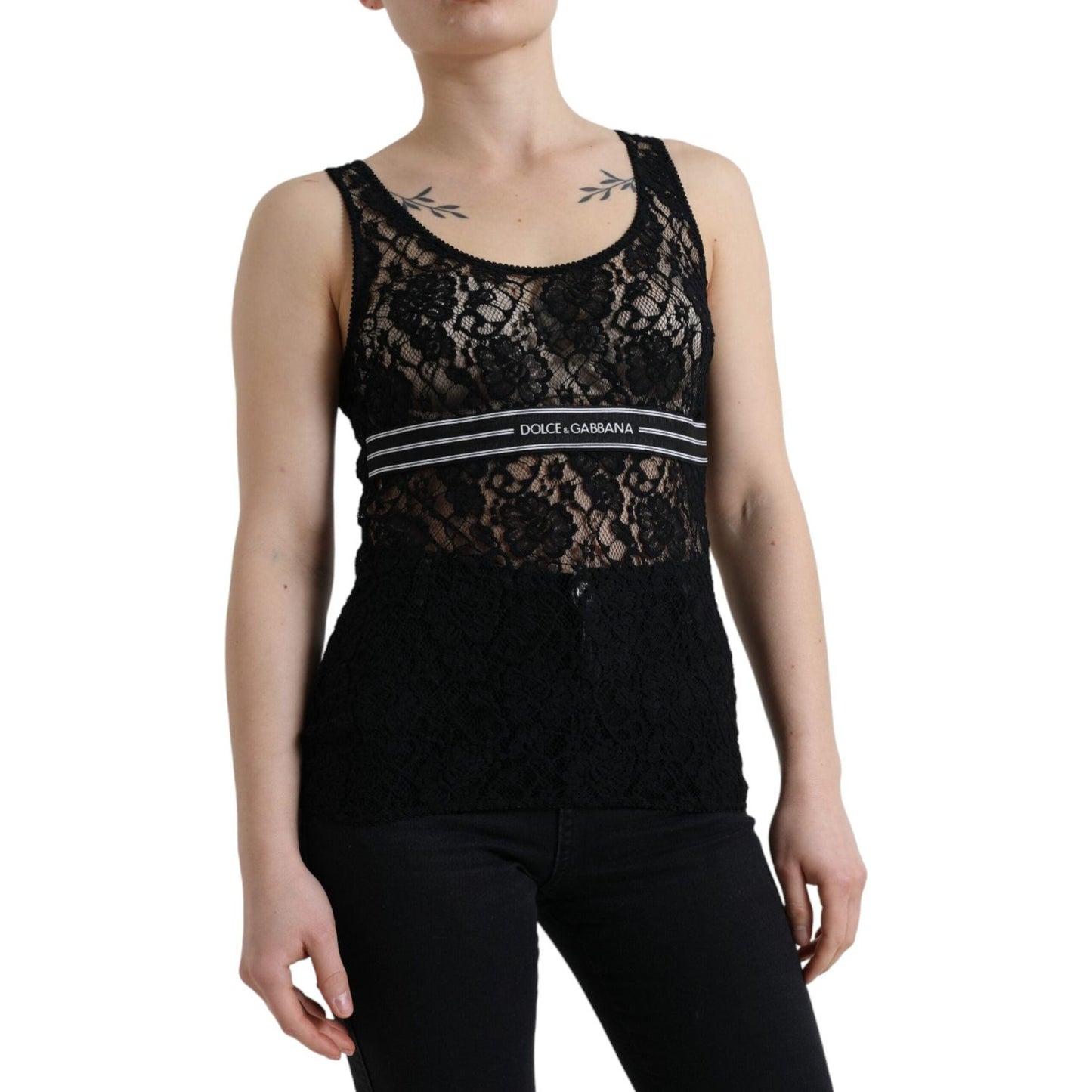 Elegant Lace Tank Top with Logo Stripe