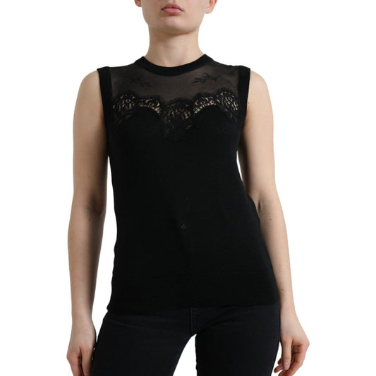 Dolce & Gabbana Black Cashmere Lace Trim Sleeveless Tank Top Dolce & Gabbana