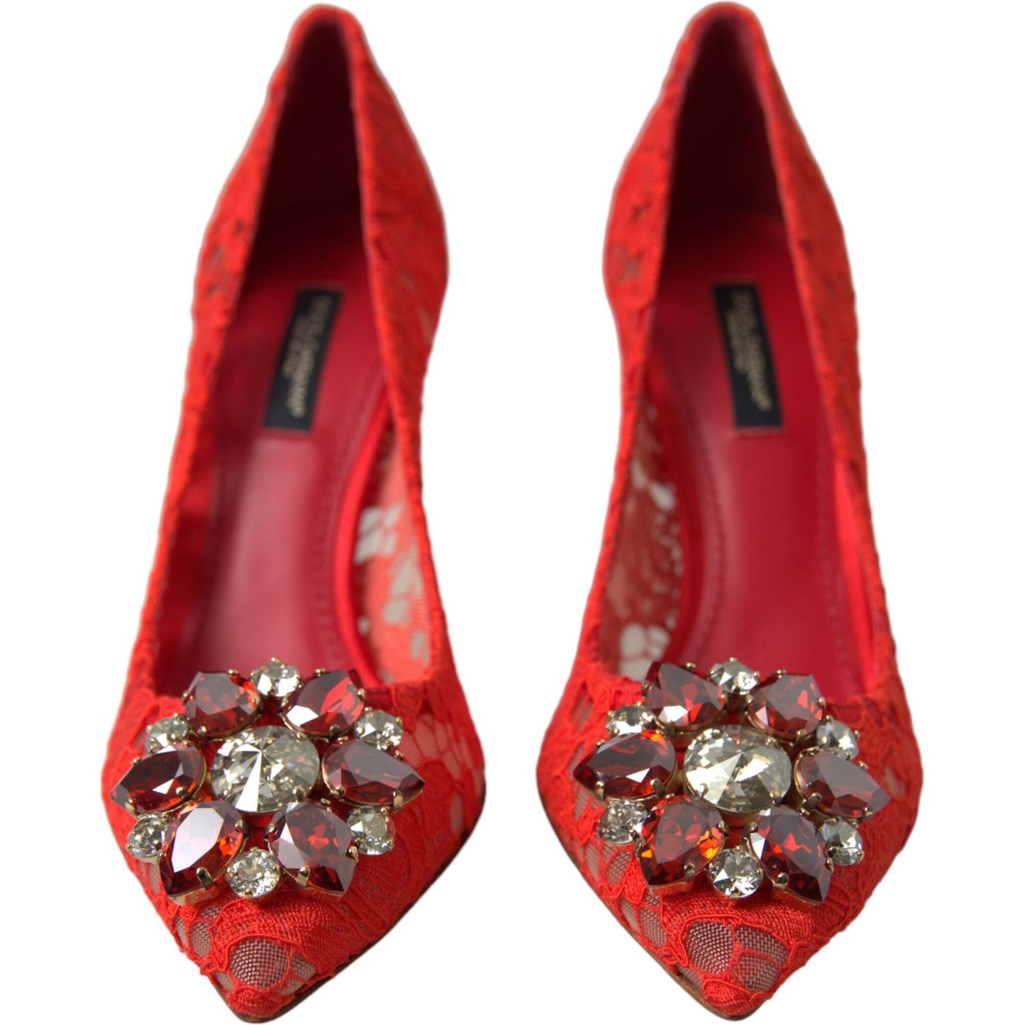 Exquisite Crystal-Embellished Red Lace Heels