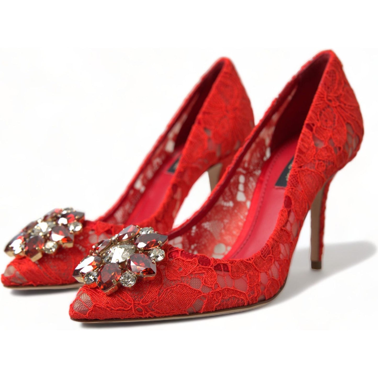 Exquisite Crystal-Embellished Red Lace Heels