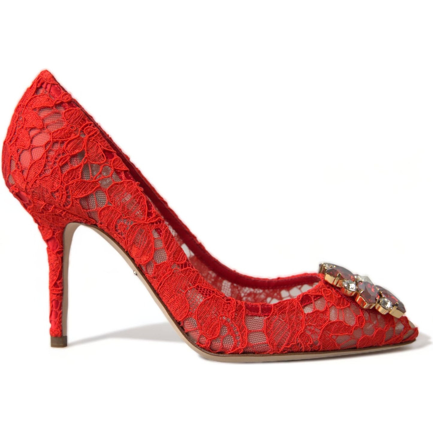 Exquisite Crystal-Embellished Red Lace Heels