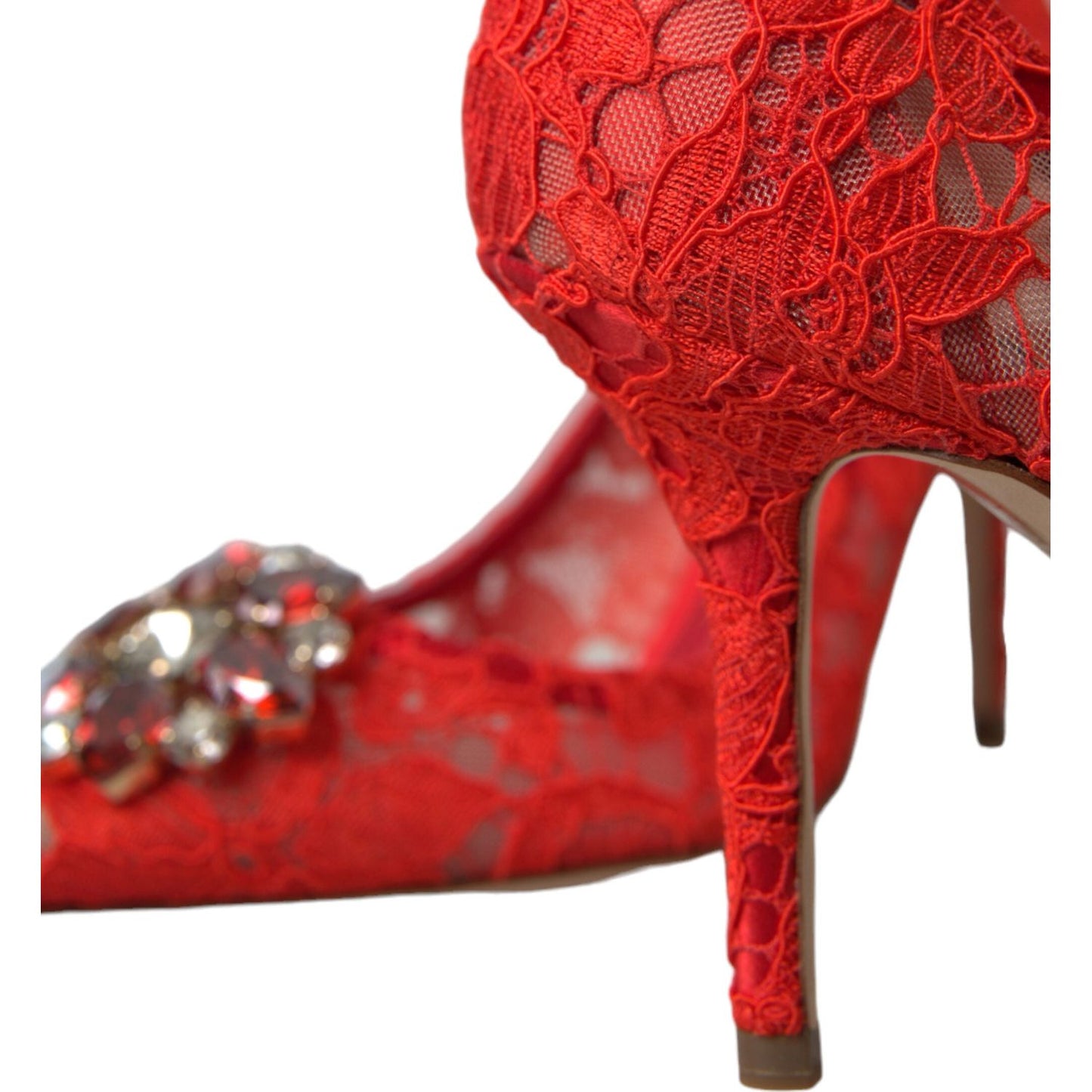 Exquisite Crystal-Embellished Red Lace Heels