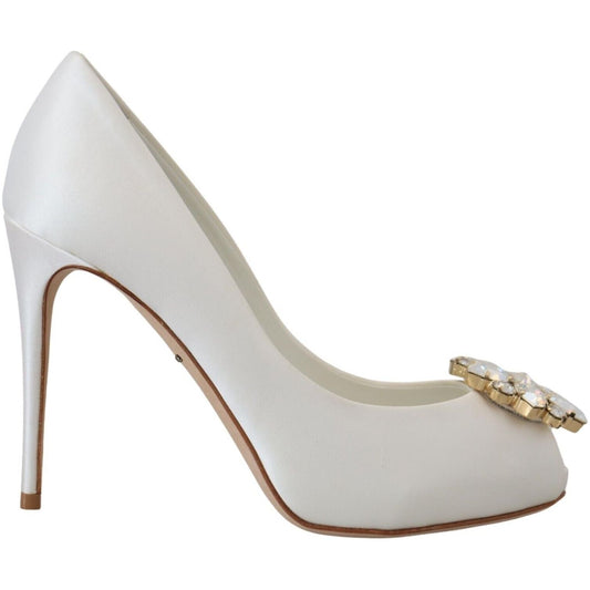 Crystal-Embellished White Peep Toe Heels