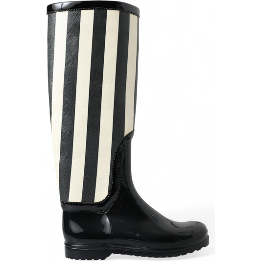 Black and White Striped Knee High Boots