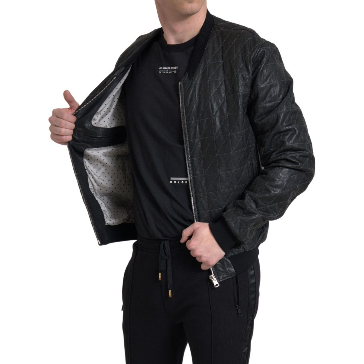 Elegant Black Leather Bomber Jacket