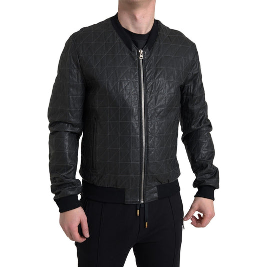 Elegant Black Leather Bomber Jacket