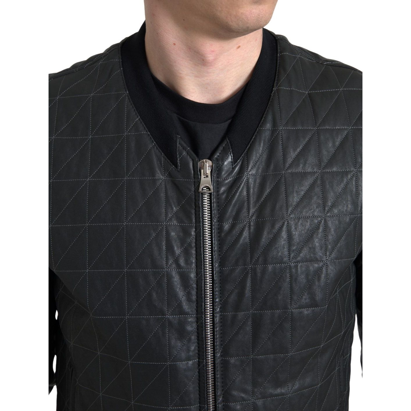 Elegant Black Leather Bomber Jacket