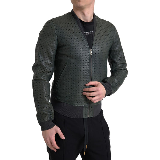 Dolce & Gabbana Green Perforated Leather Bomber Jacket