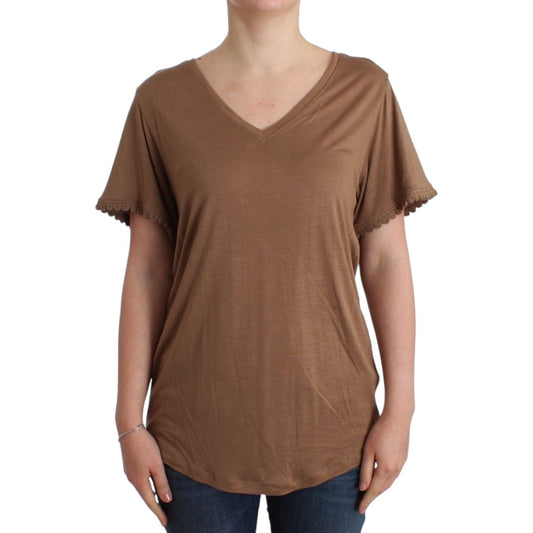 Elegant Short-Sleeved Brown Rayon Top