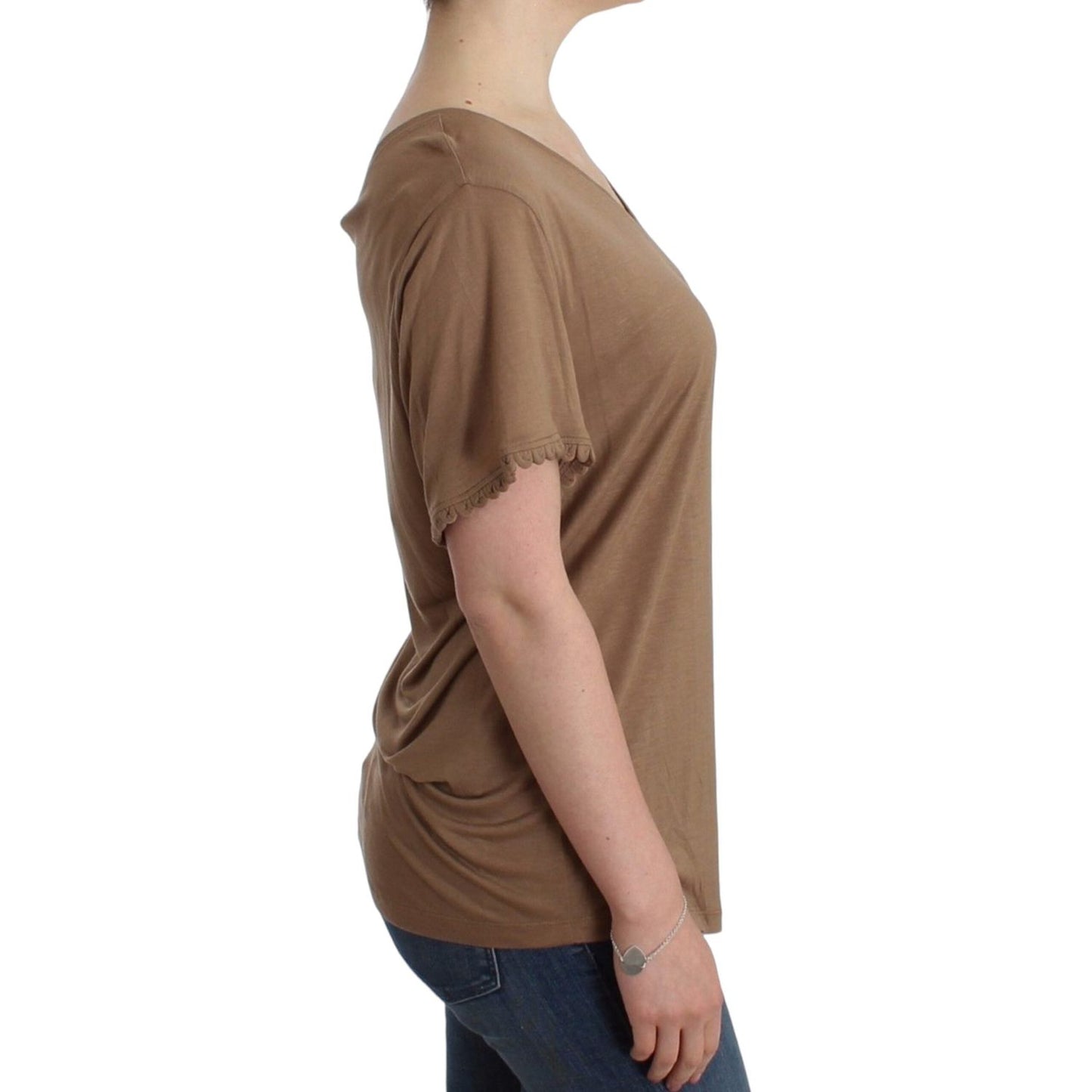 Elegant Short-Sleeved Brown Rayon Top