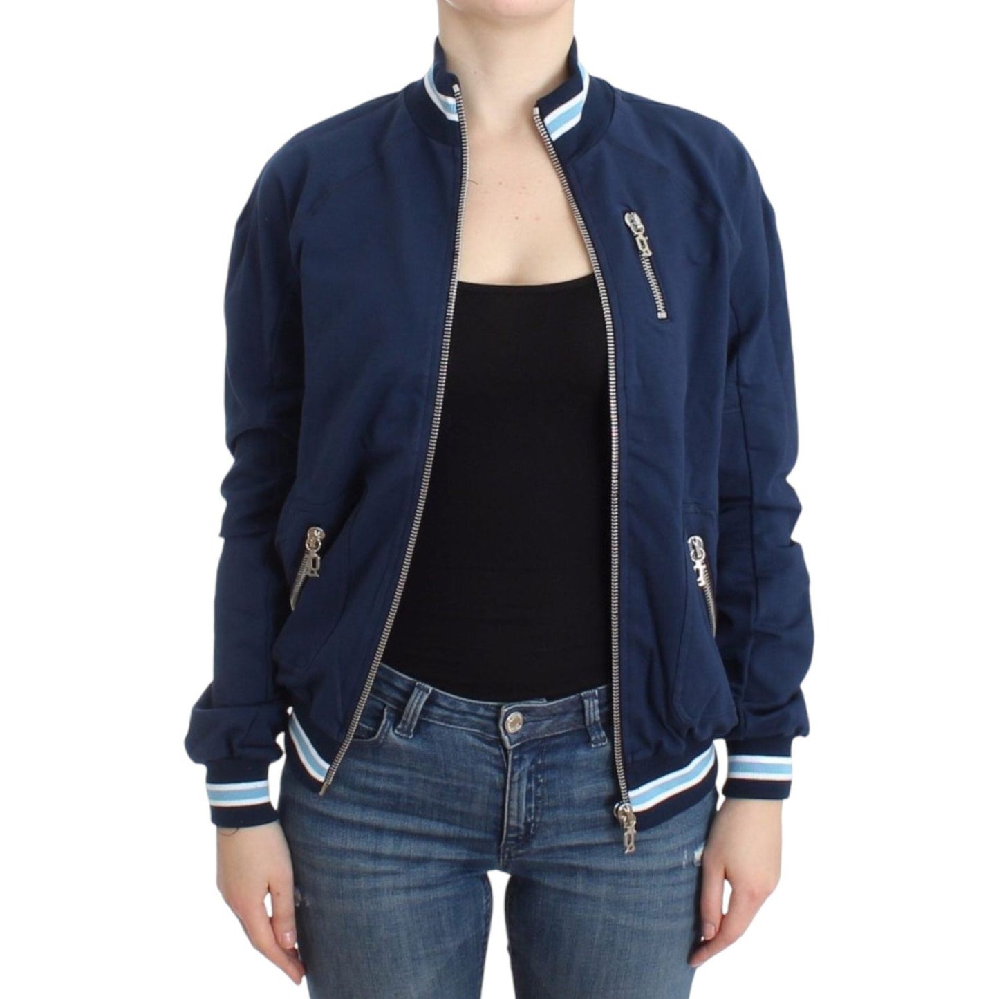 Chic Blue Zip Cardigan with Logo Detail