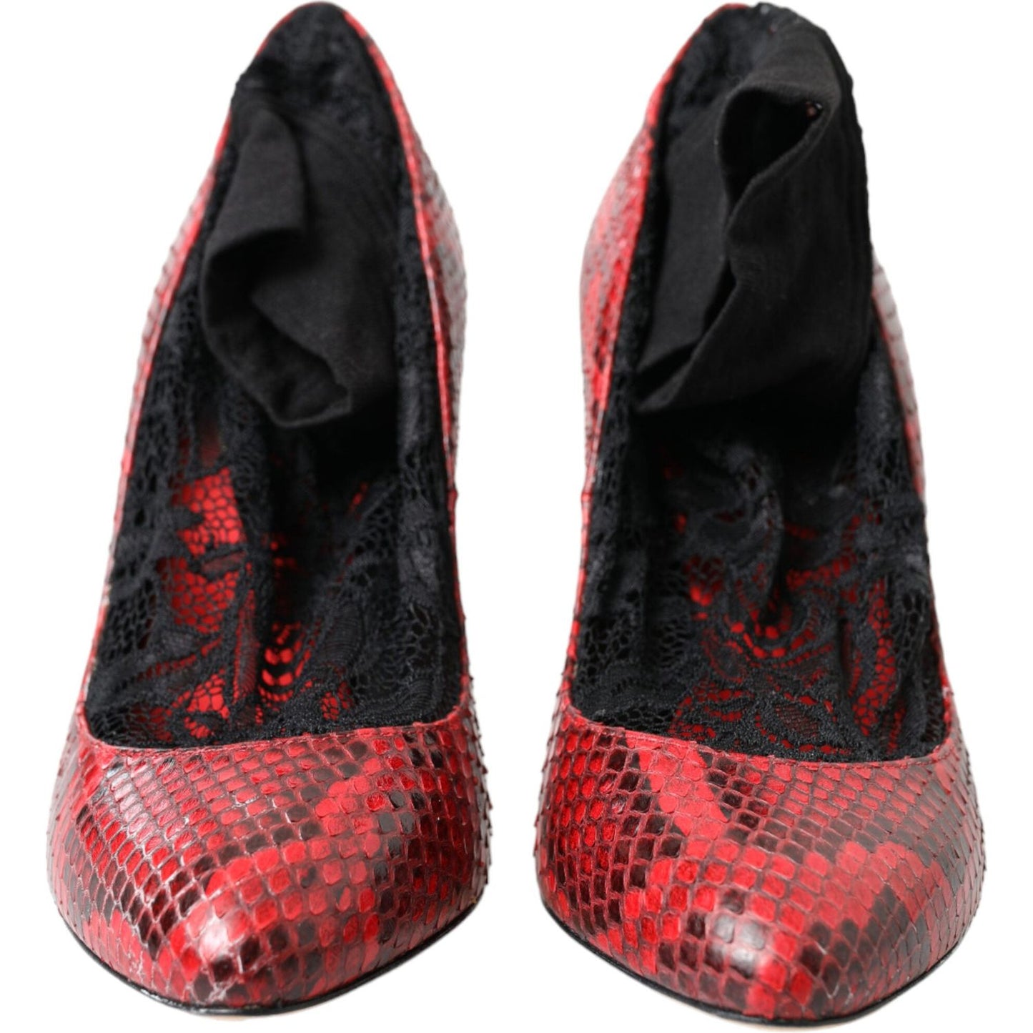 Red Almond Toe Snakeskin Pumps with Lace Socks