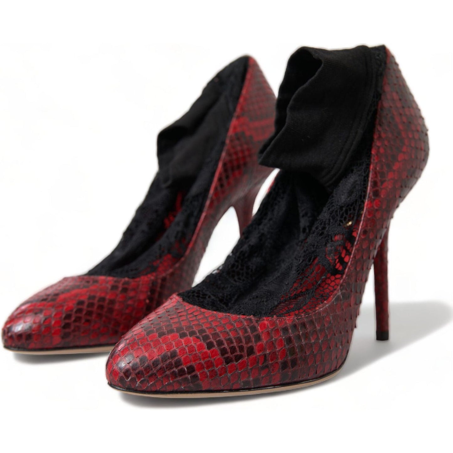 Red Almond Toe Snakeskin Pumps with Lace Socks