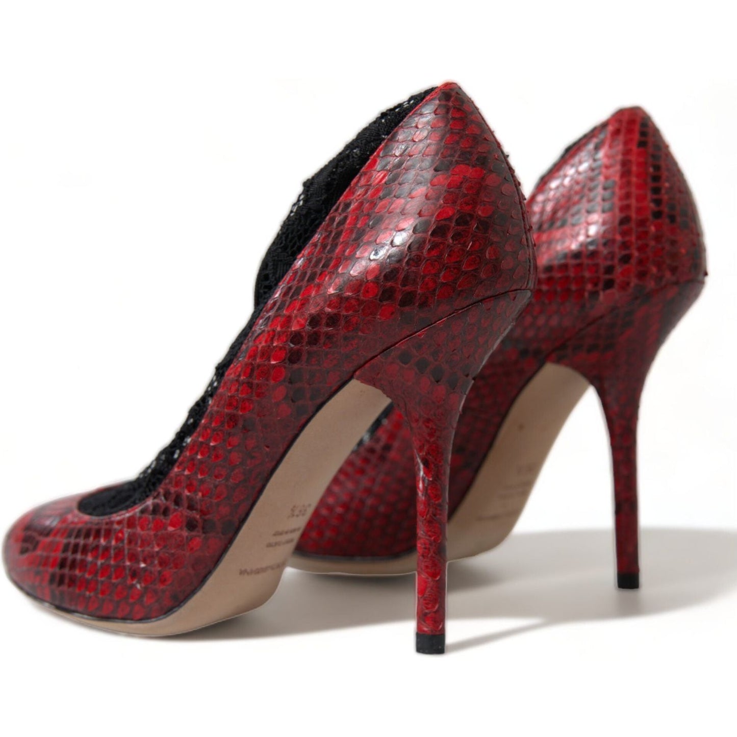 Red Almond Toe Snakeskin Pumps with Lace Socks