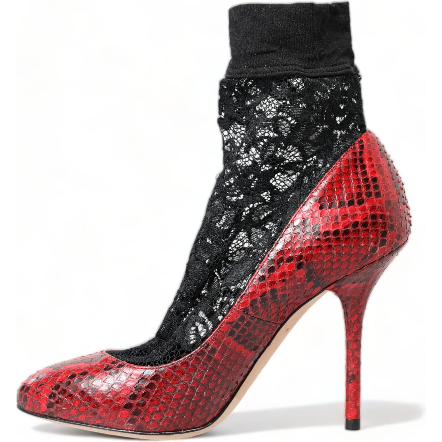 Red Almond Toe Snakeskin Pumps with Lace Socks