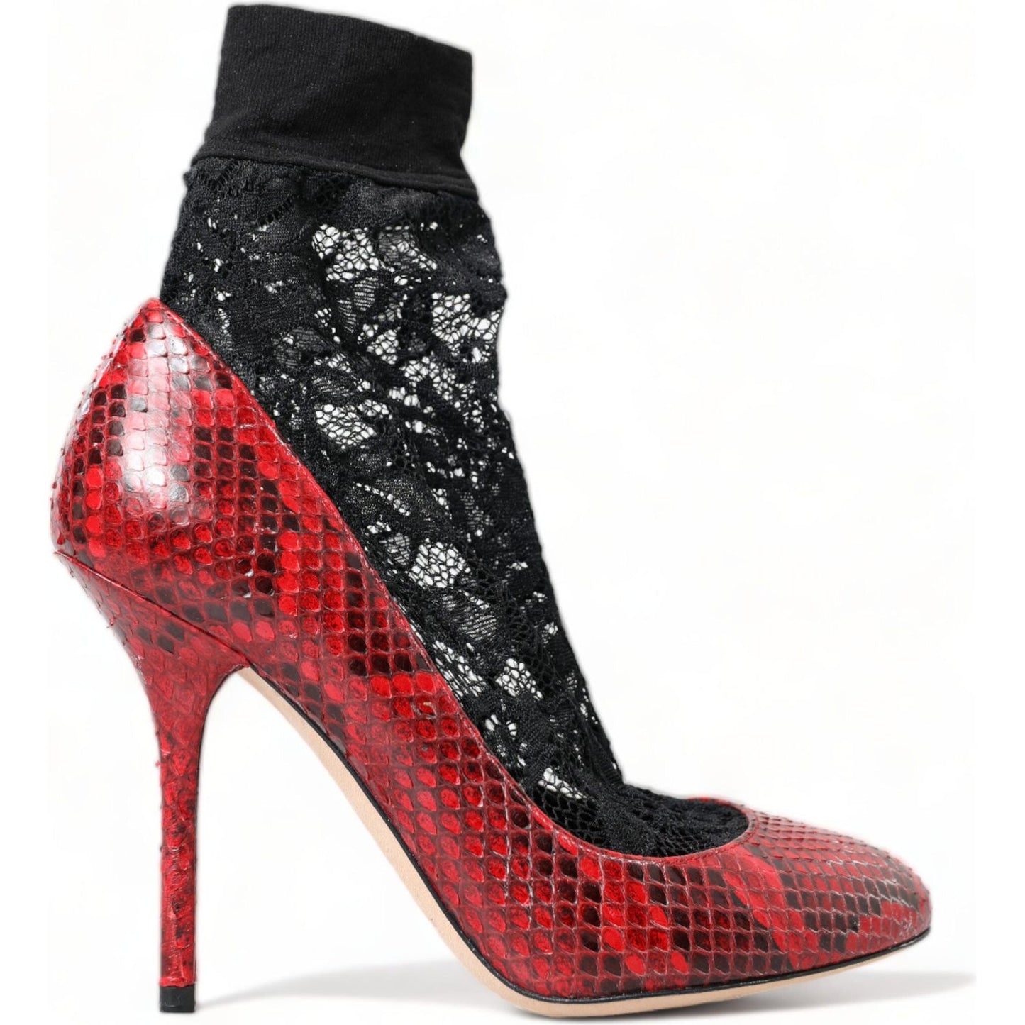 Red Almond Toe Snakeskin Pumps with Lace Socks