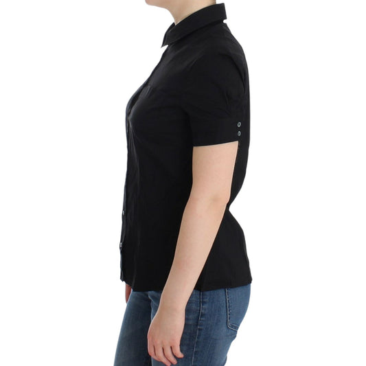 Elegant Black Cotton Stretch Shortsleeve Blouse