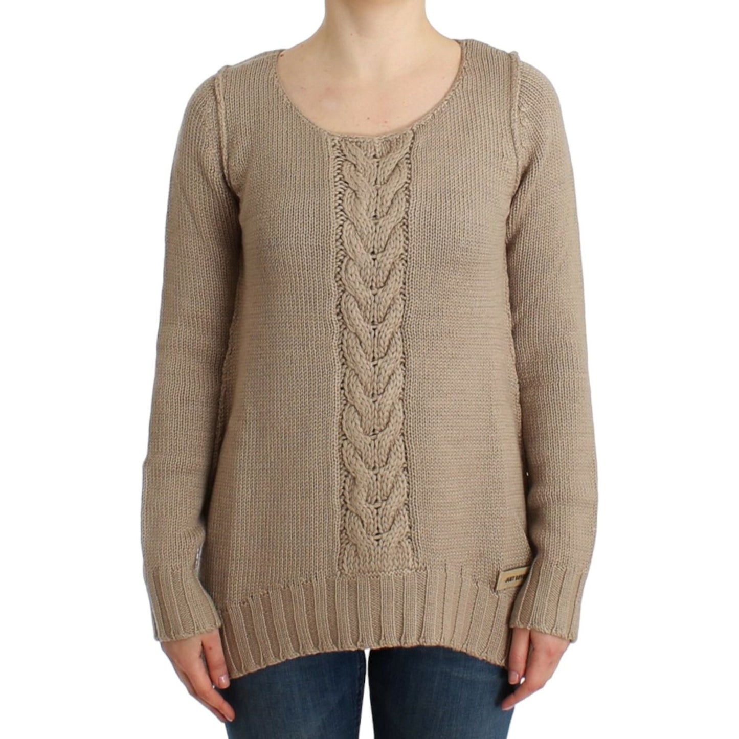 Elegant Beige Knitted Crew Neck Sweater