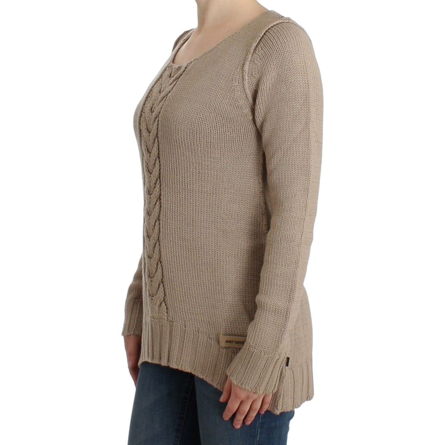 Elegant Beige Knitted Crew Neck Sweater