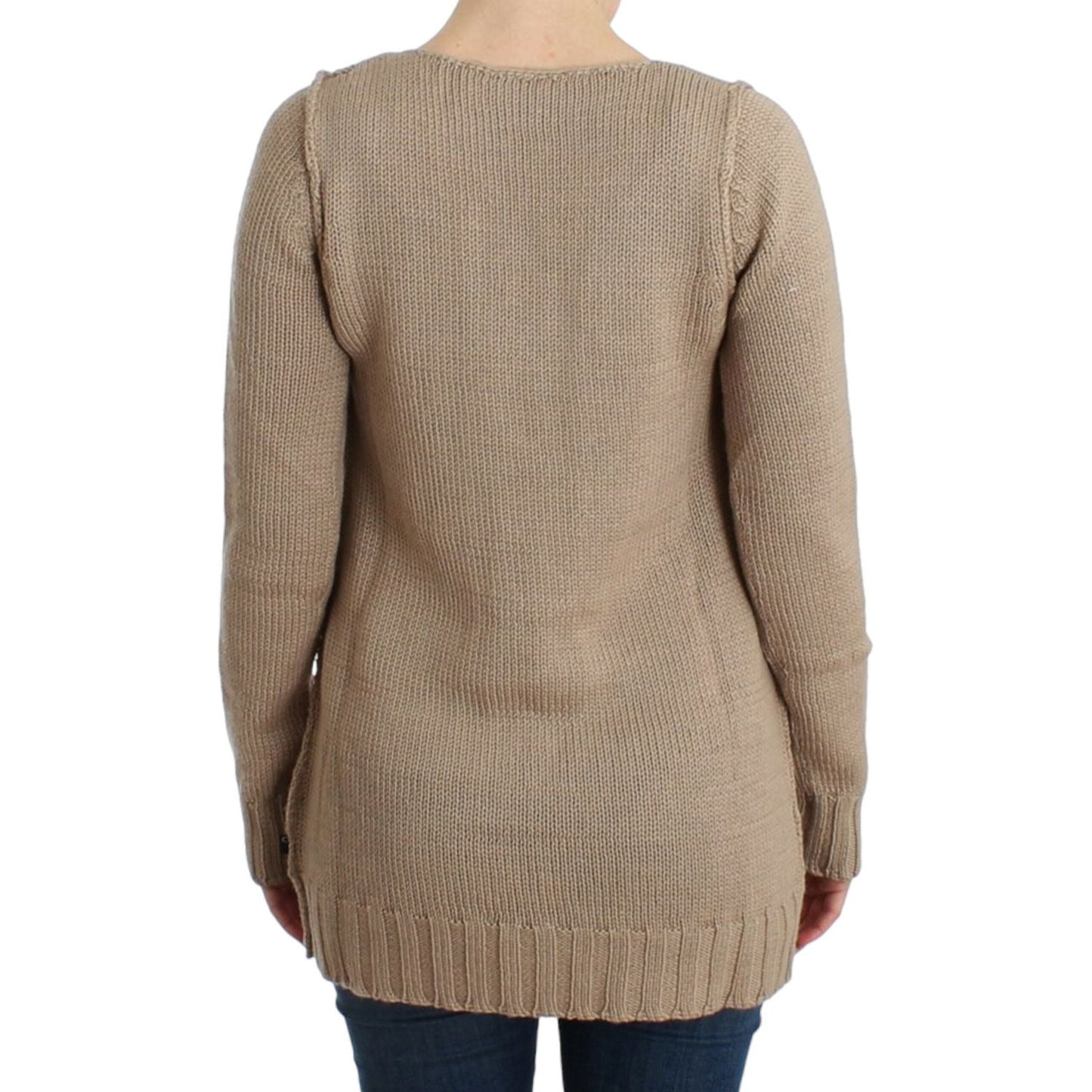 Elegant Beige Knitted Crew Neck Sweater