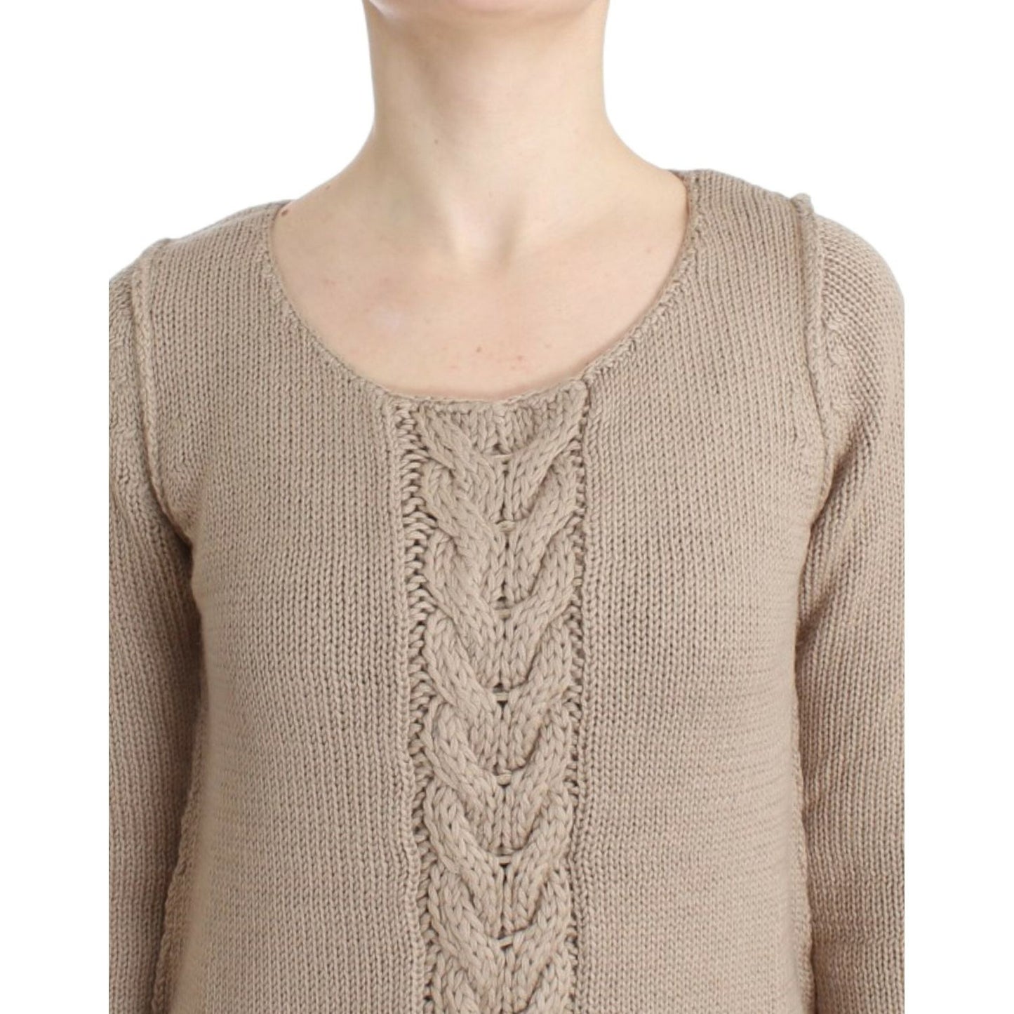 Elegant Beige Knitted Crew Neck Sweater