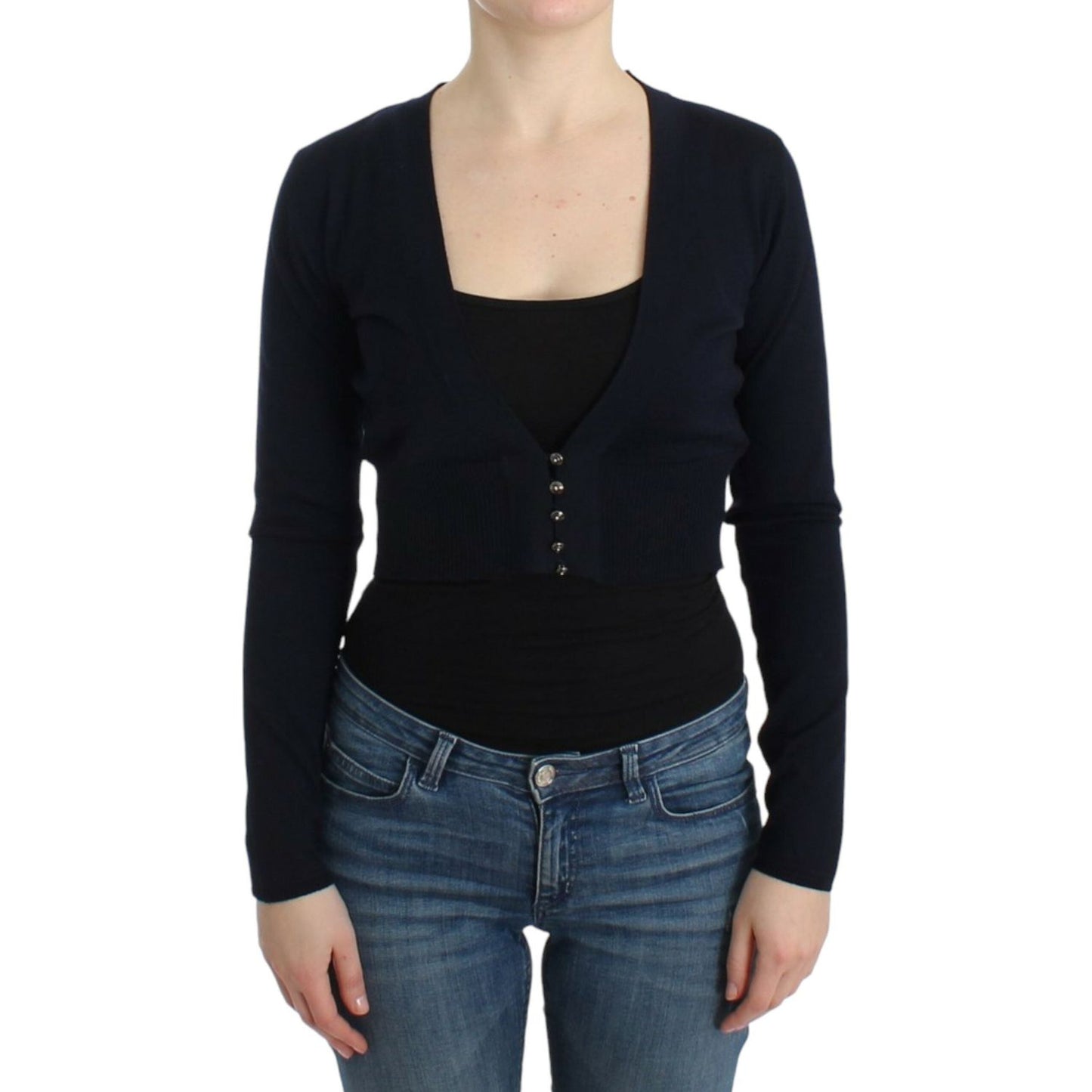 Elegant Black Cropped Virgin Wool Cardigan