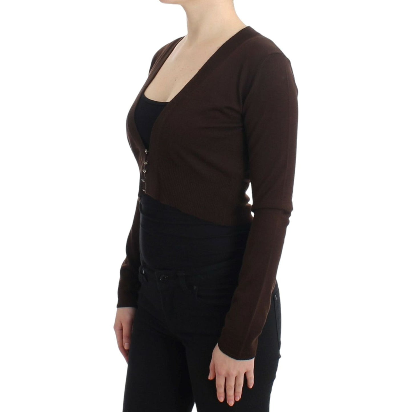 Elegant Brown Virgin Wool Cropped Cardigan