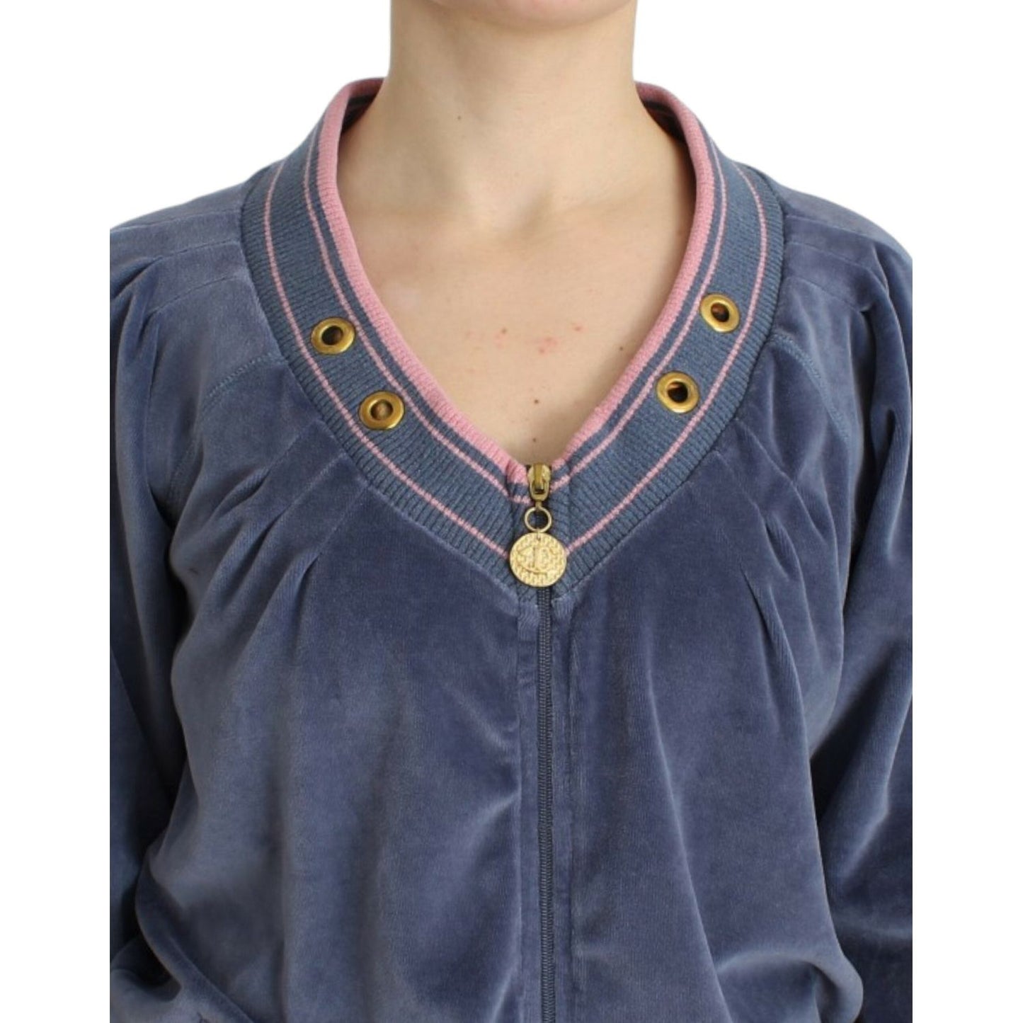 Elegant Blue Zip Cardigan with Gold Details