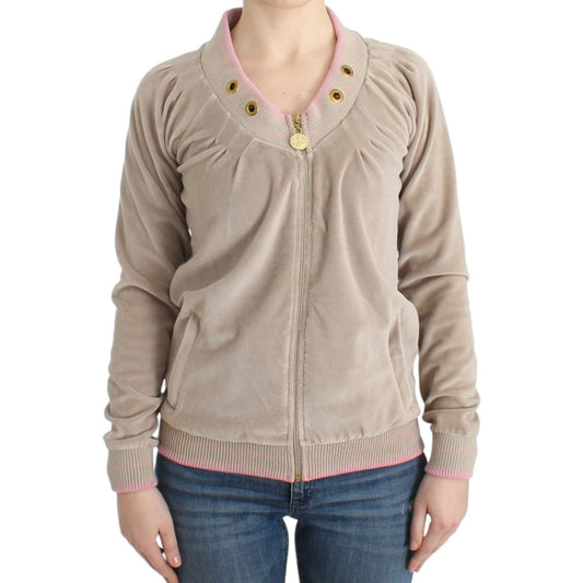 Beige Zip Cardigan with Gold Tone Accents