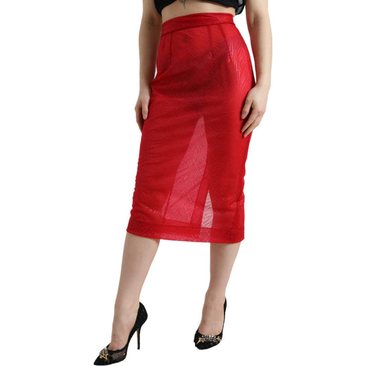 Chic Red High Waist Sheer Midi Skirt