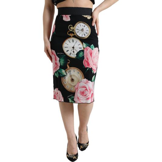 High Waist Silk Pencil Midi Skirt with Floral Print