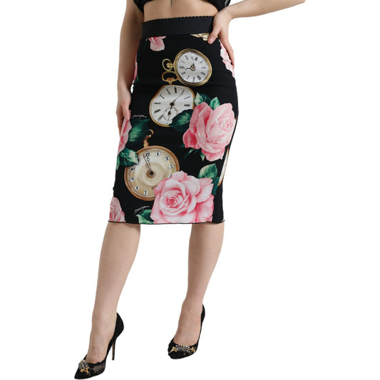 High Waist Silk Pencil Midi Skirt with Floral Print