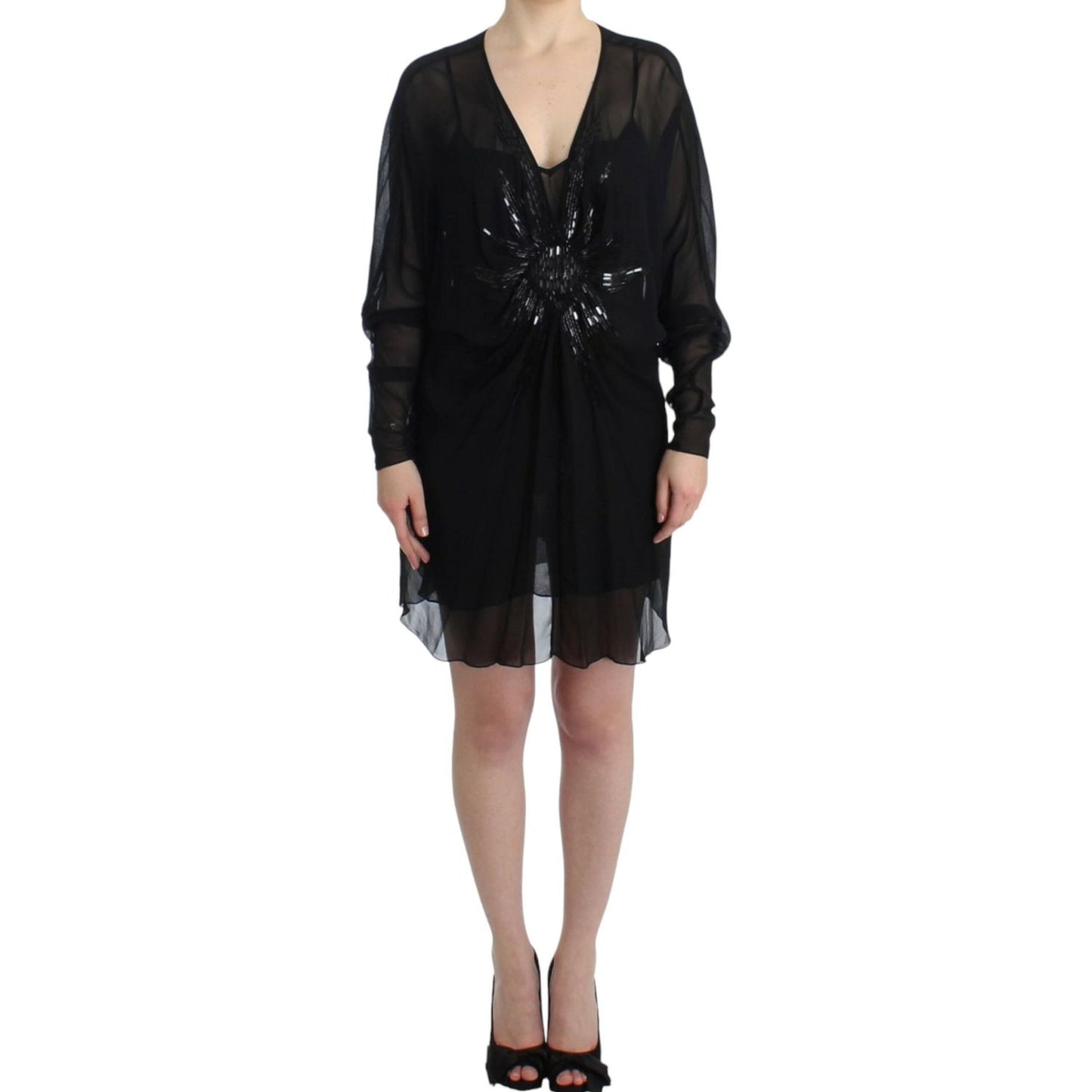 Elegant Sheer Black Silk Blouson Dress