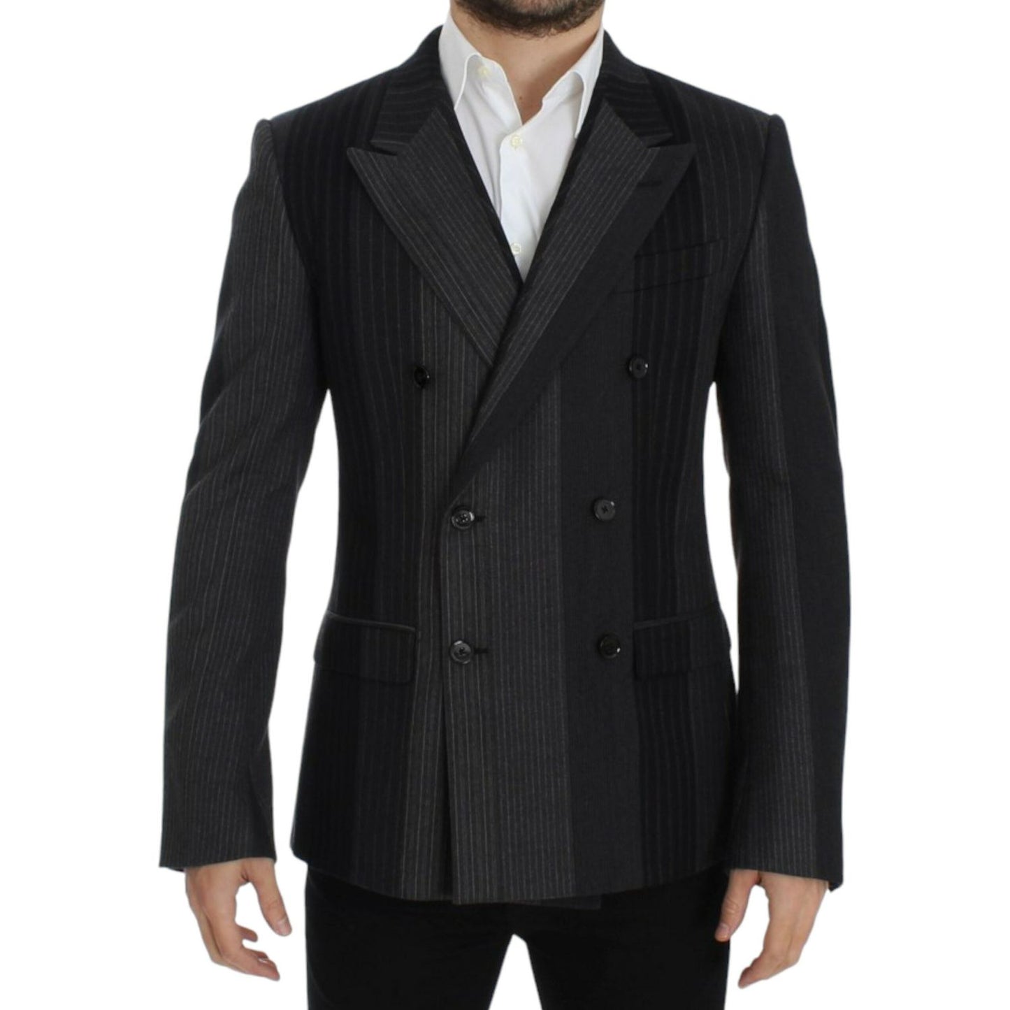 Elegant Gray Striped Wool Slim Blazer