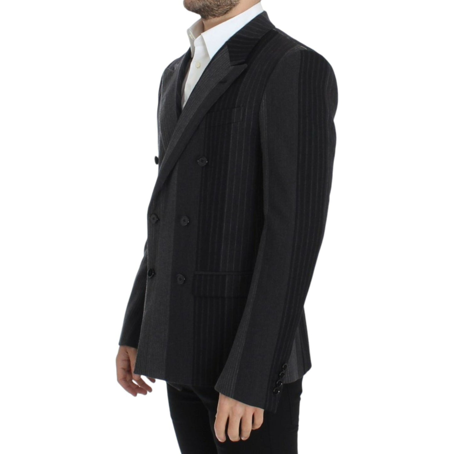 Elegant Gray Striped Wool Slim Blazer