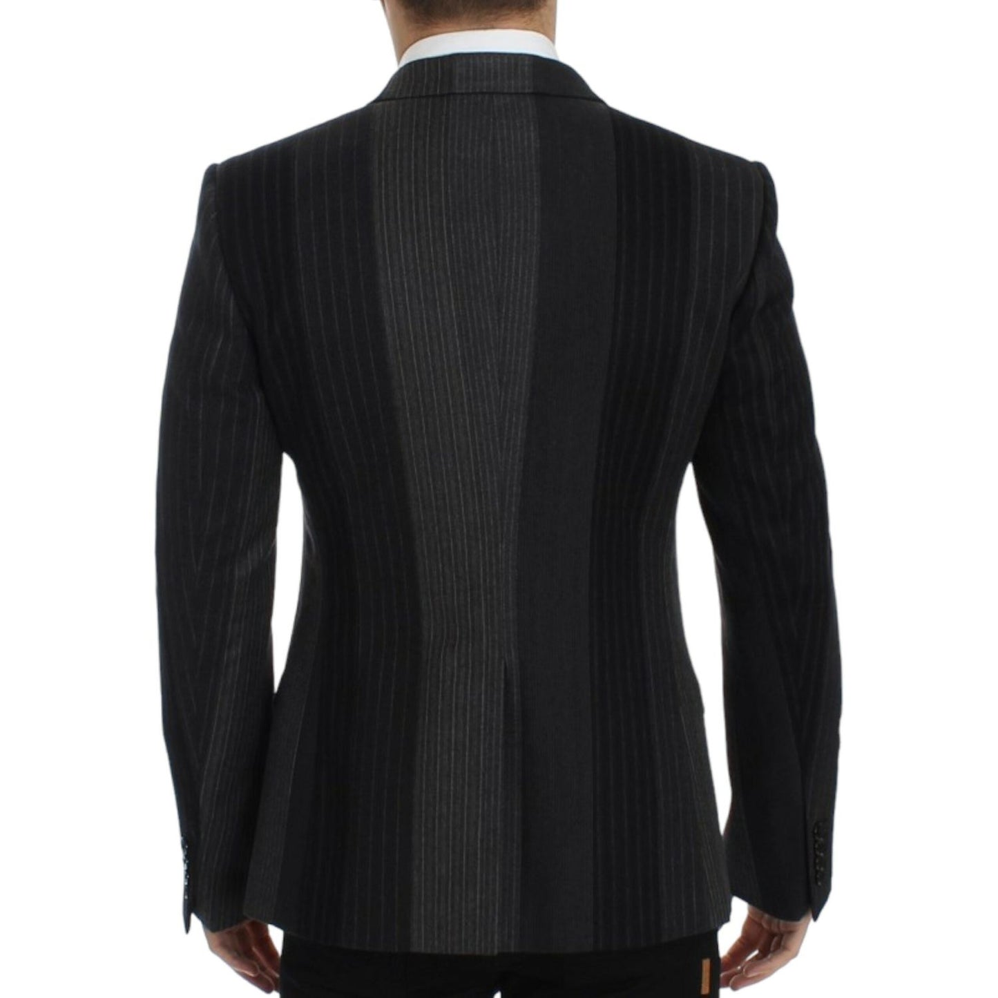 Elegant Gray Striped Wool Slim Blazer