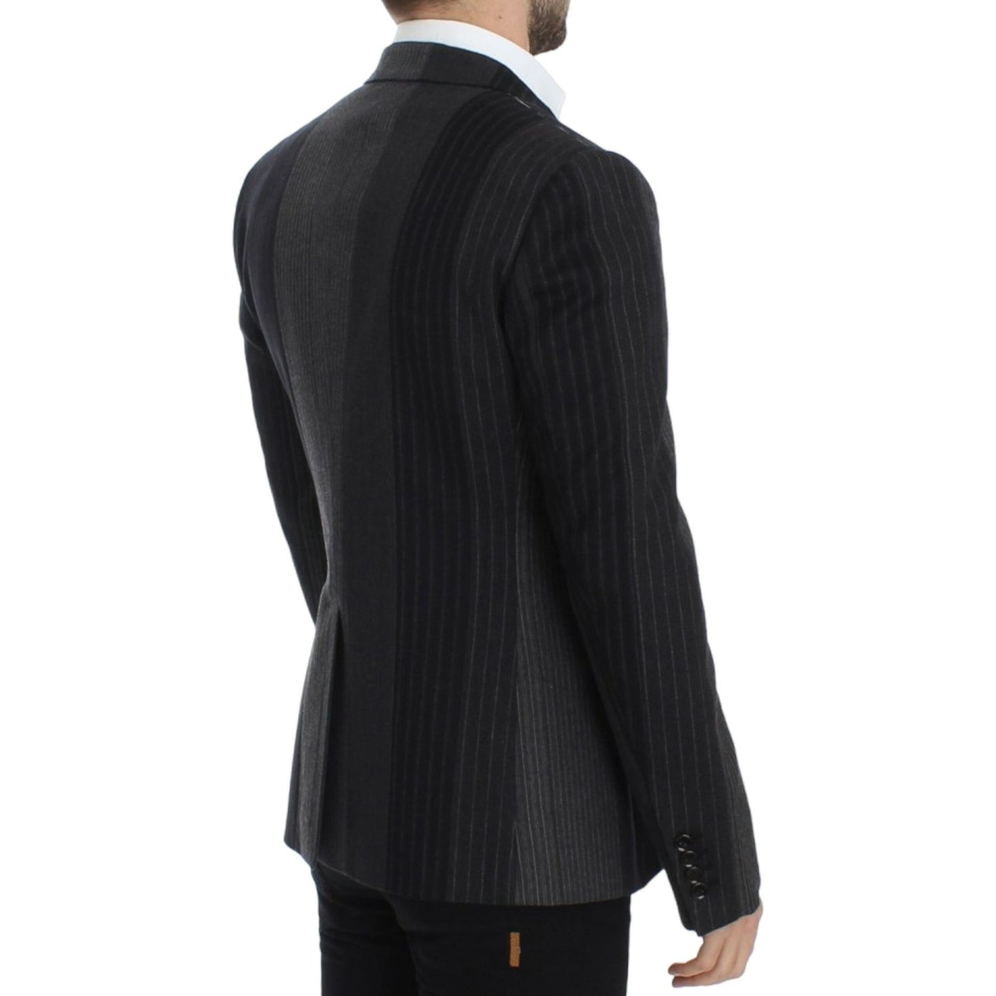 Elegant Gray Striped Wool Slim Blazer