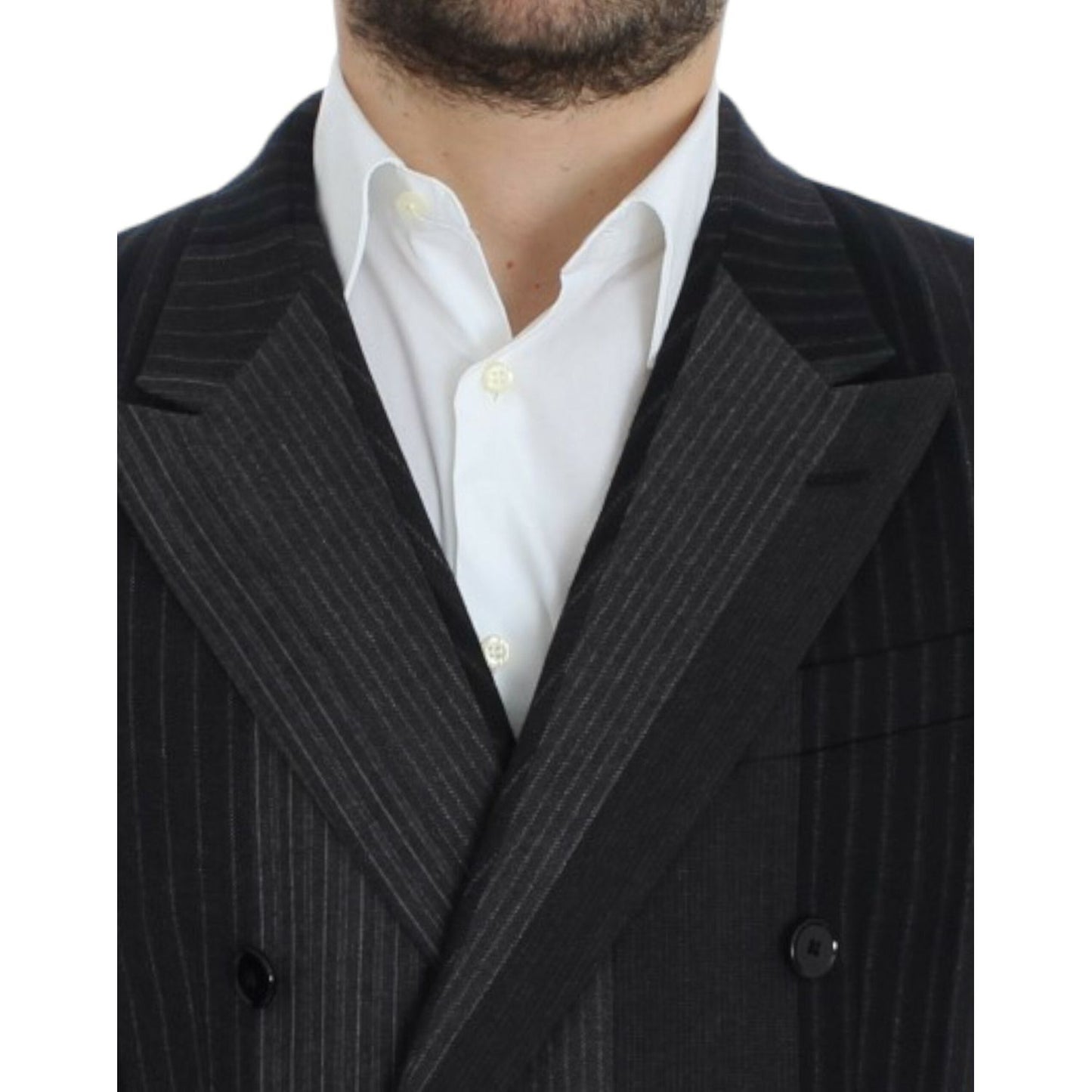 Elegant Gray Striped Wool Slim Blazer