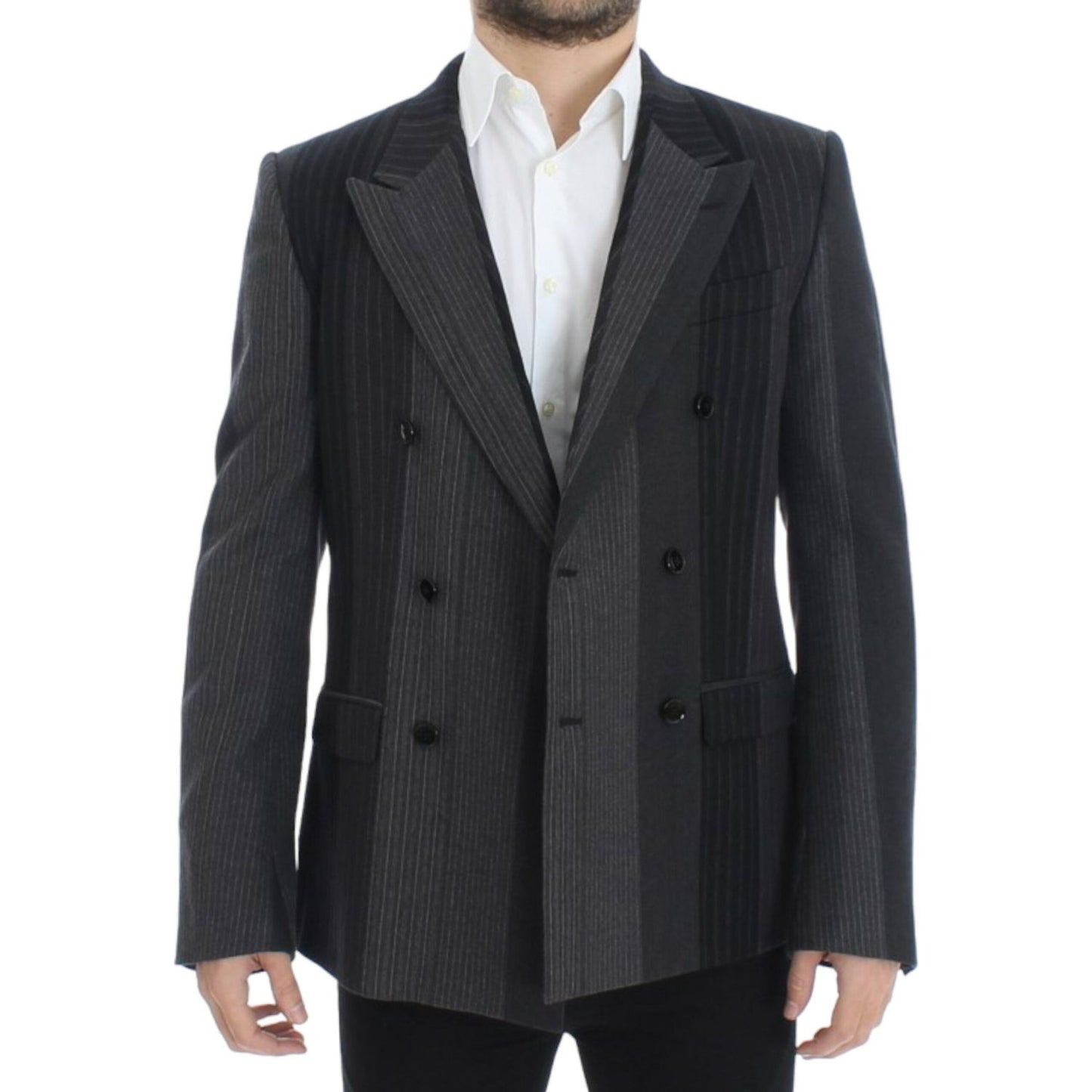 Elegant Gray Striped Wool Slim Blazer