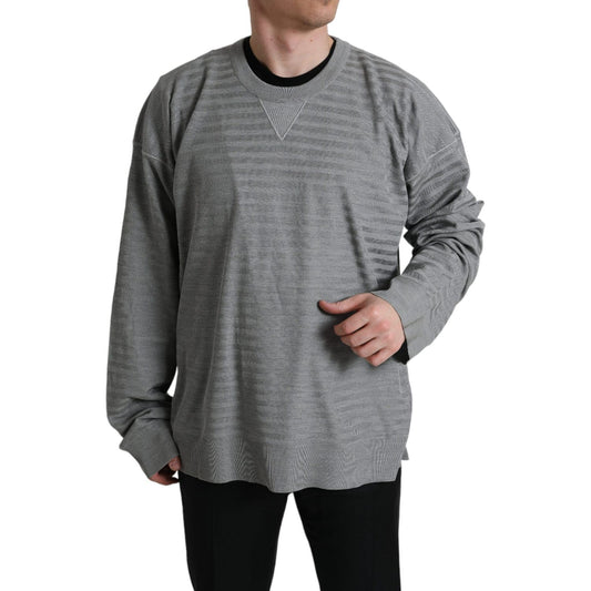 Elegant Gray Striped Silk Crewneck Pullover