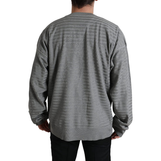 Elegant Gray Striped Silk Crewneck Pullover