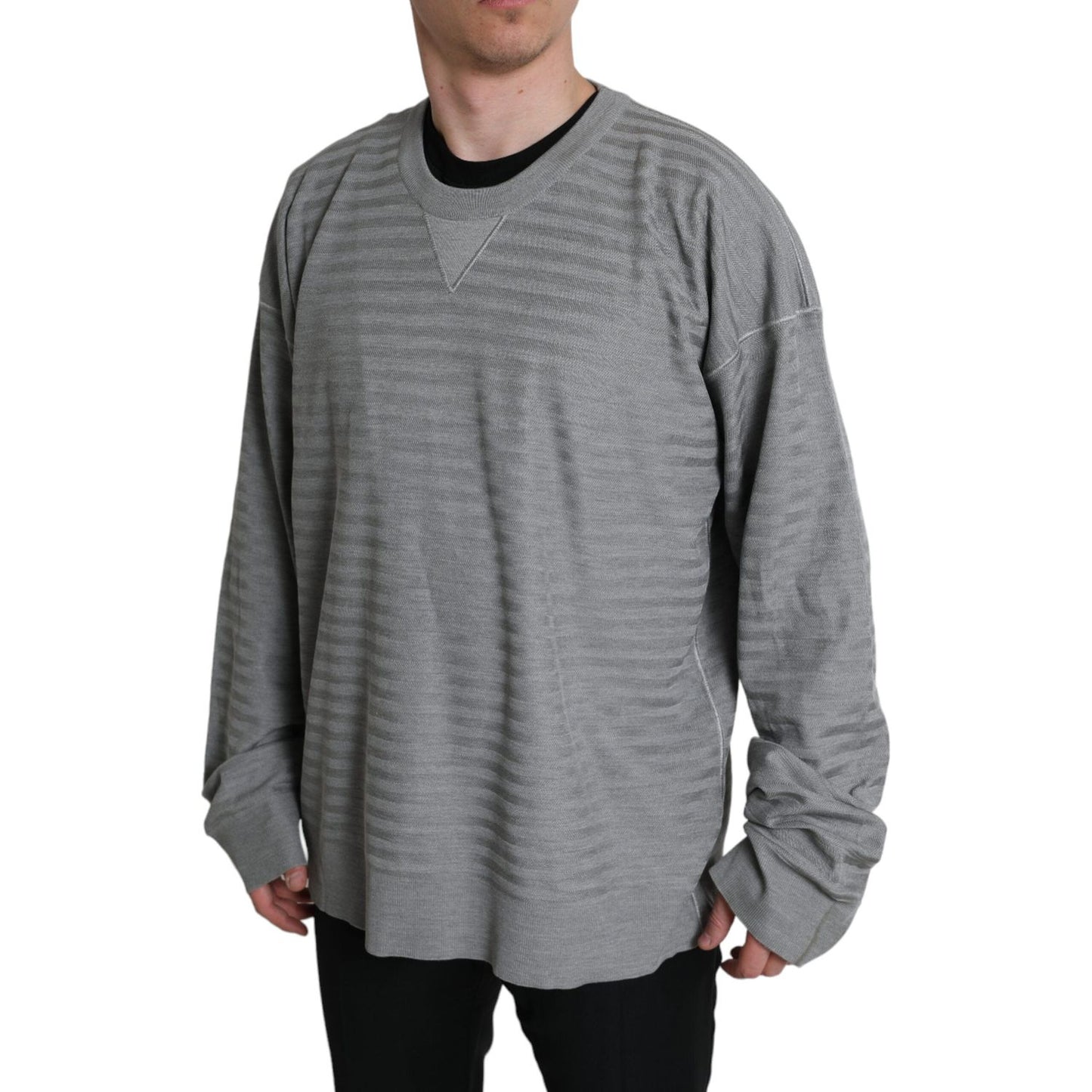 Elegant Gray Striped Silk Crewneck Pullover